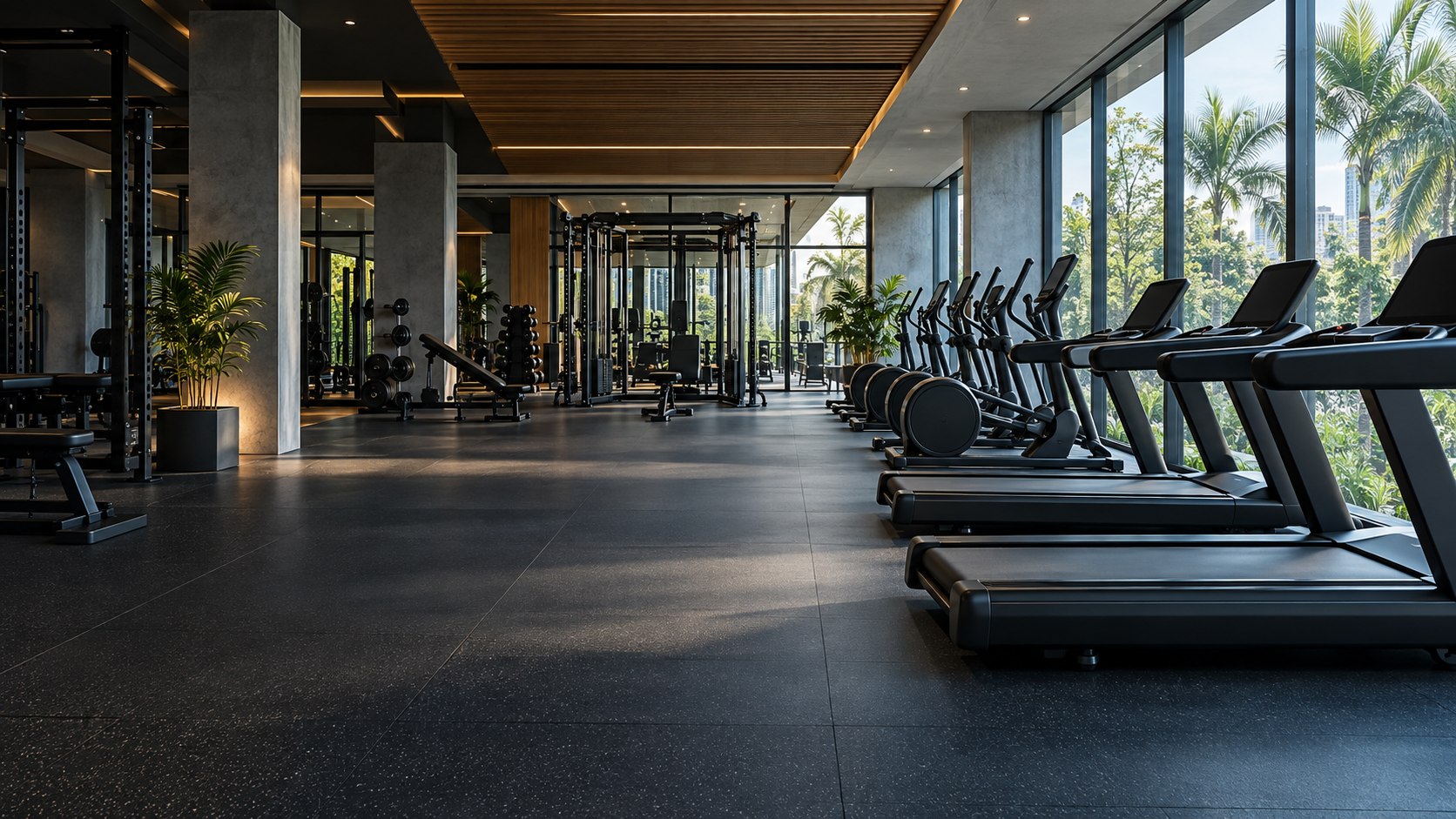 Modern fitness space with cardio and strength equipment