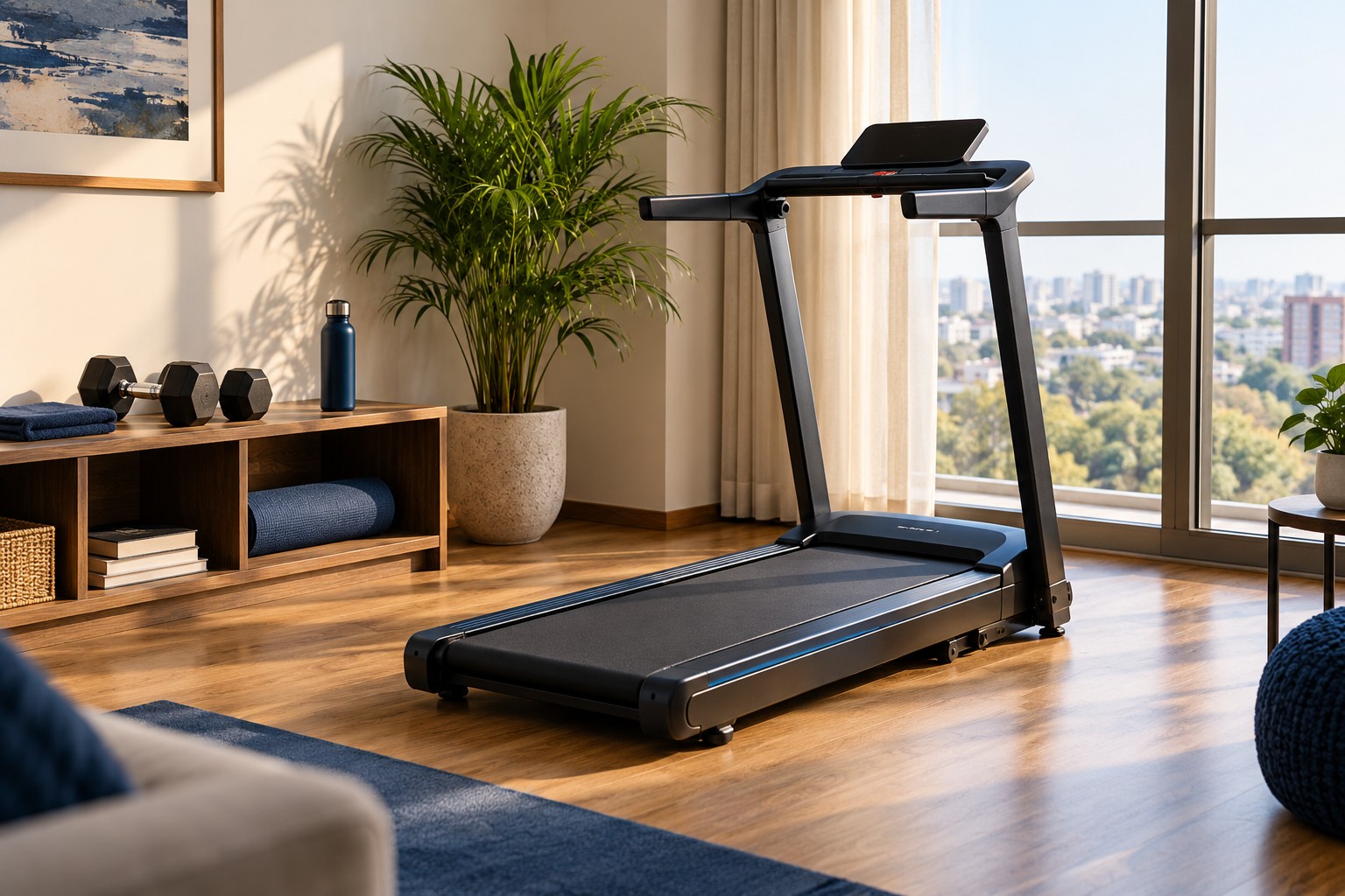 Home fitness corner with a compact treadmill