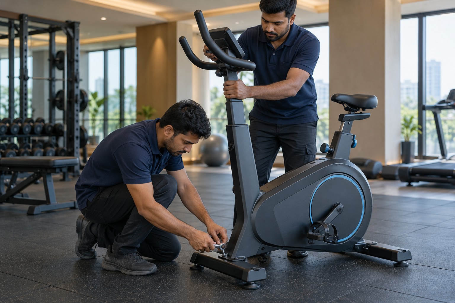 Professionals installing an exercise bike