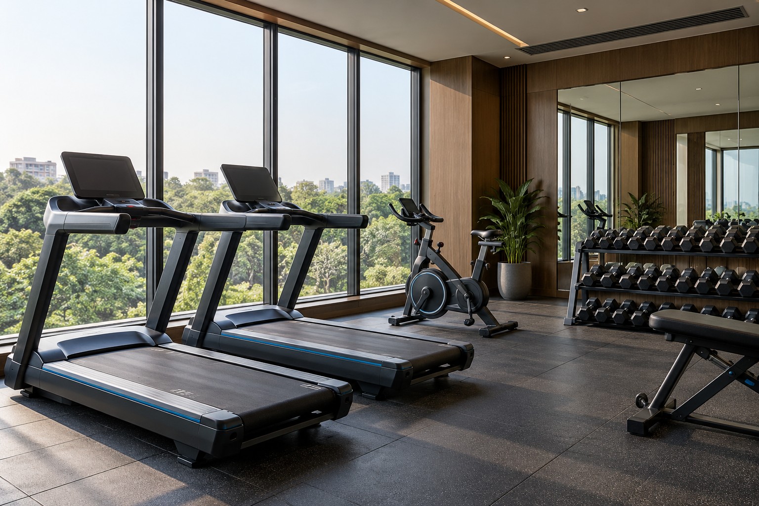 Corporate gym with cardio equipment and dumbbells