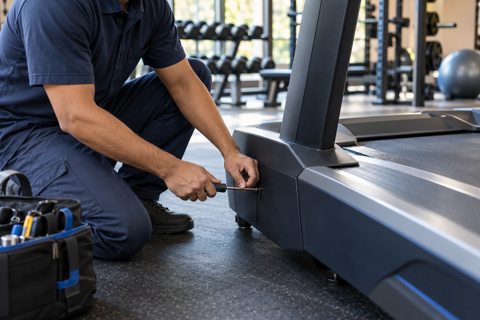 Technician inspecting a treadmill