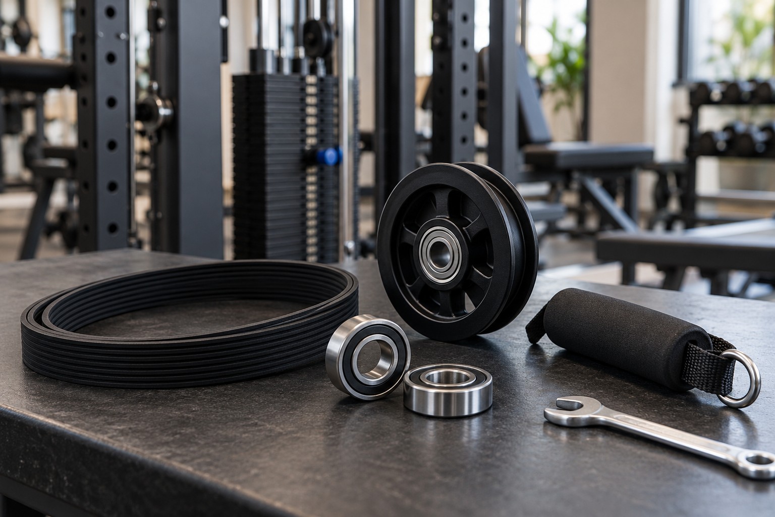 Fitness equipment belts, bearings and pulleys